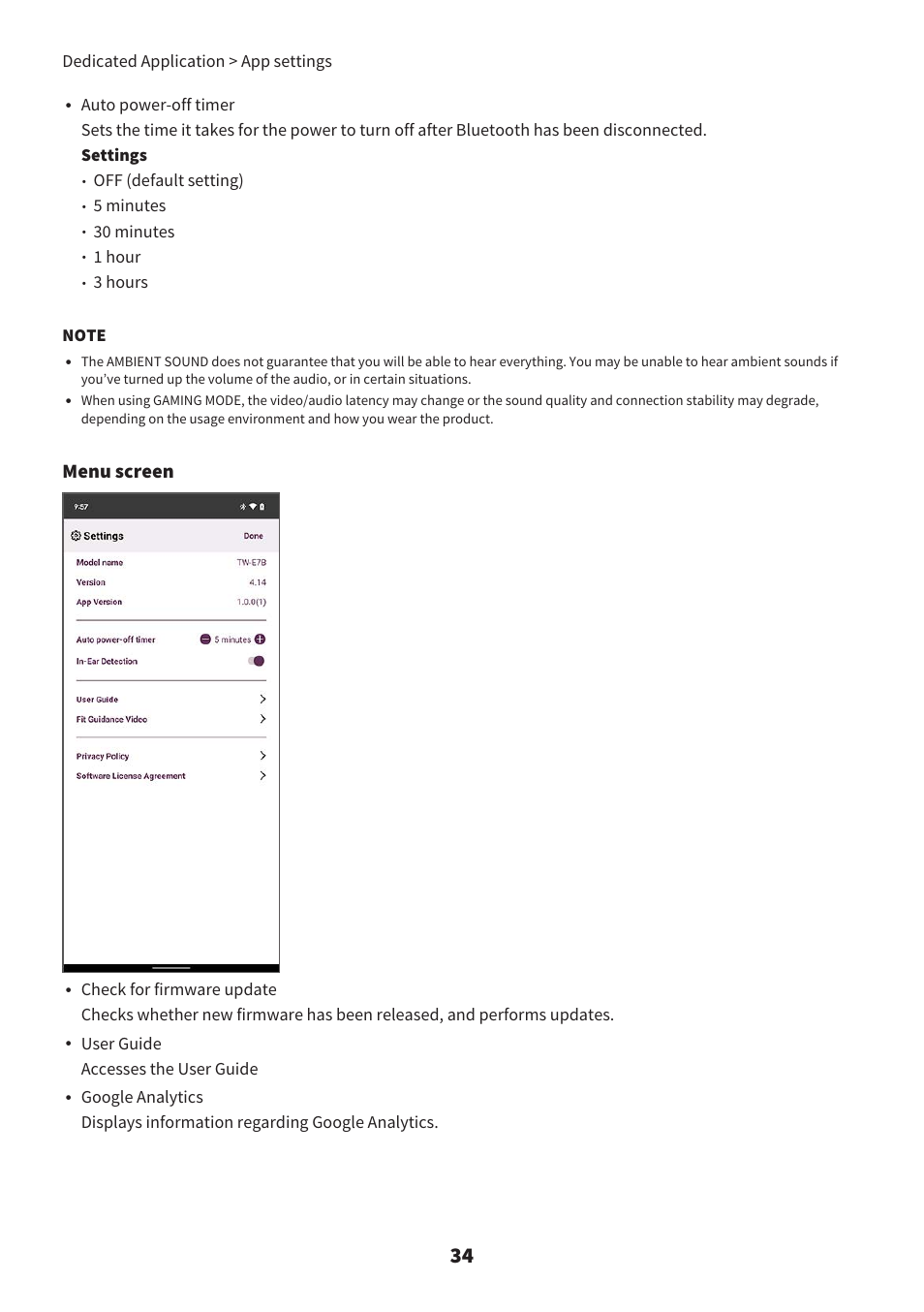 Menu screen, Off (default setting), 5 minutes | 30 minutes, 1 hour, User guide accesses the user guide, Dedicated application > app settings | Yamaha TW-E7B Noise-Canceling True Wireless In-Ear Headphones (White) User Manual | Page 34 / 56