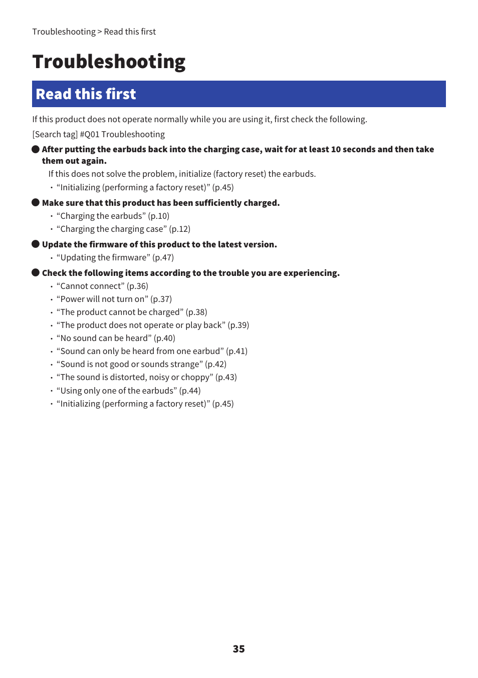 Troubleshooting, Read this first | Yamaha TW-E7B Noise-Canceling True Wireless In-Ear Headphones (White) User Manual | Page 35 / 56