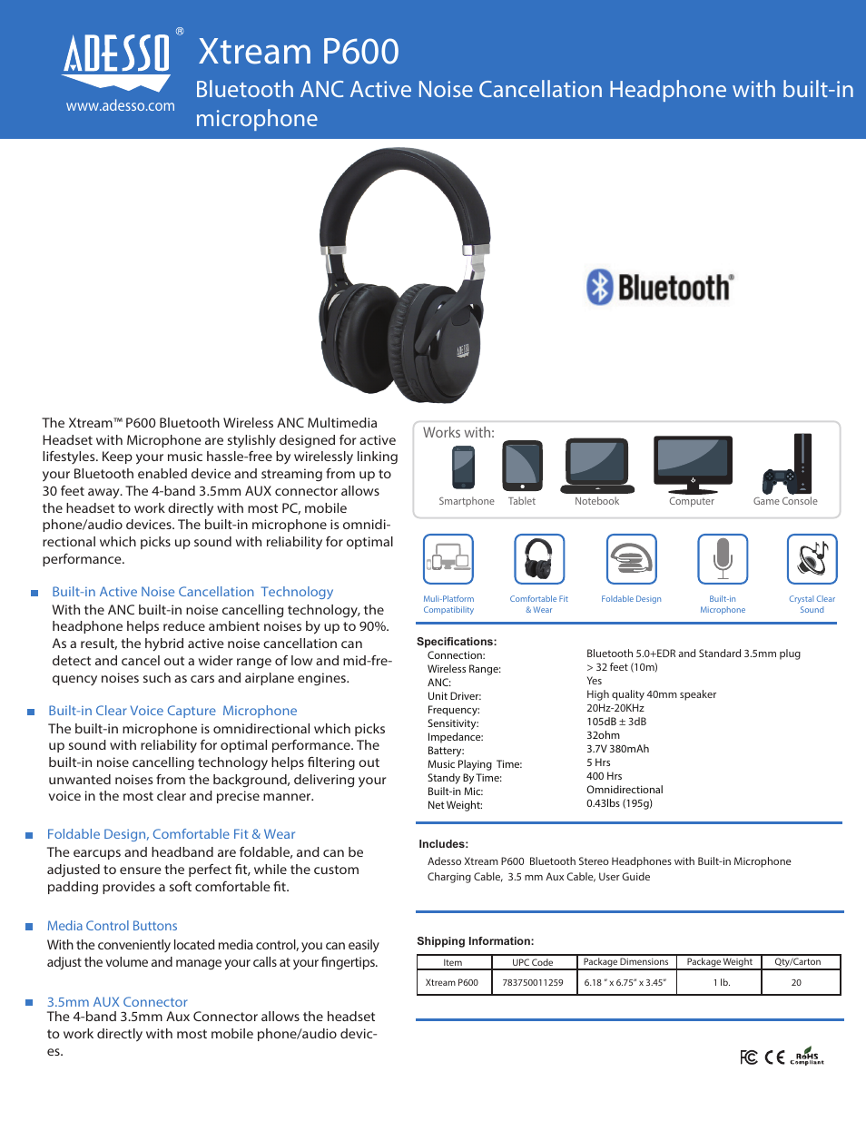 Adesso Xtream P600 Noise-Canceling Wireless Over-Ear Headphones (Black) User Manual | 1 page