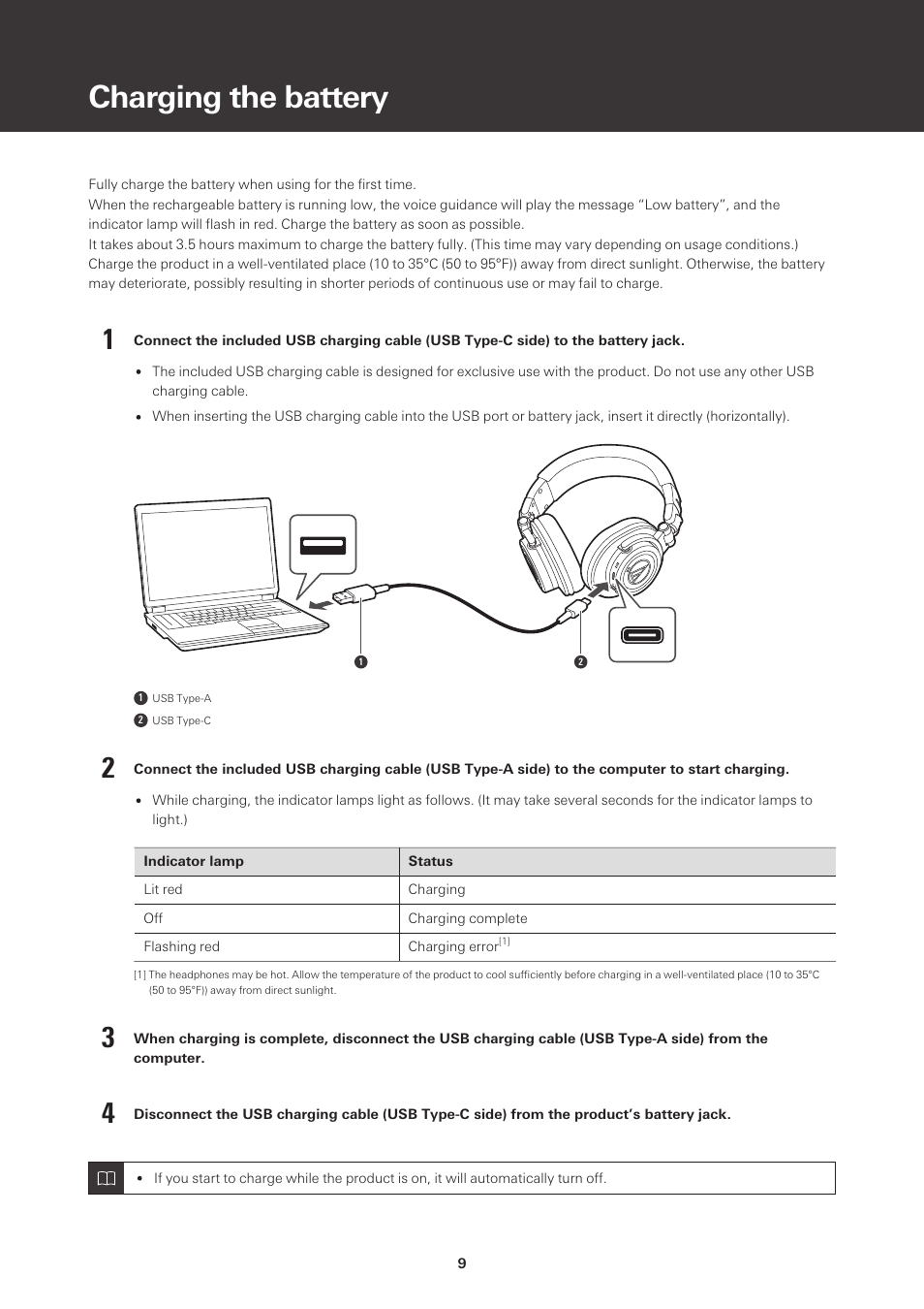 Charging the battery | Audio-Technica ATH-M50xBT2 Wireless Over-Ear Headphones (Black) User Manual | Page 10 / 31