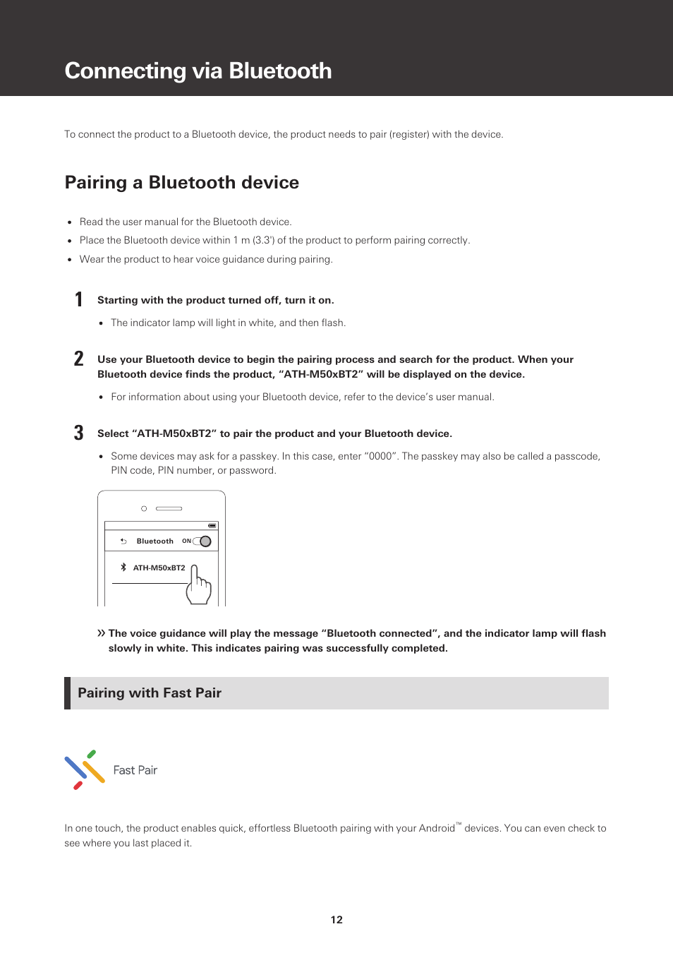 Connecting via bluetooth, Pairing a bluetooth device, Pairing with fast pair | Audio-Technica ATH-M50xBT2 Wireless Over-Ear Headphones (Black) User Manual | Page 13 / 31