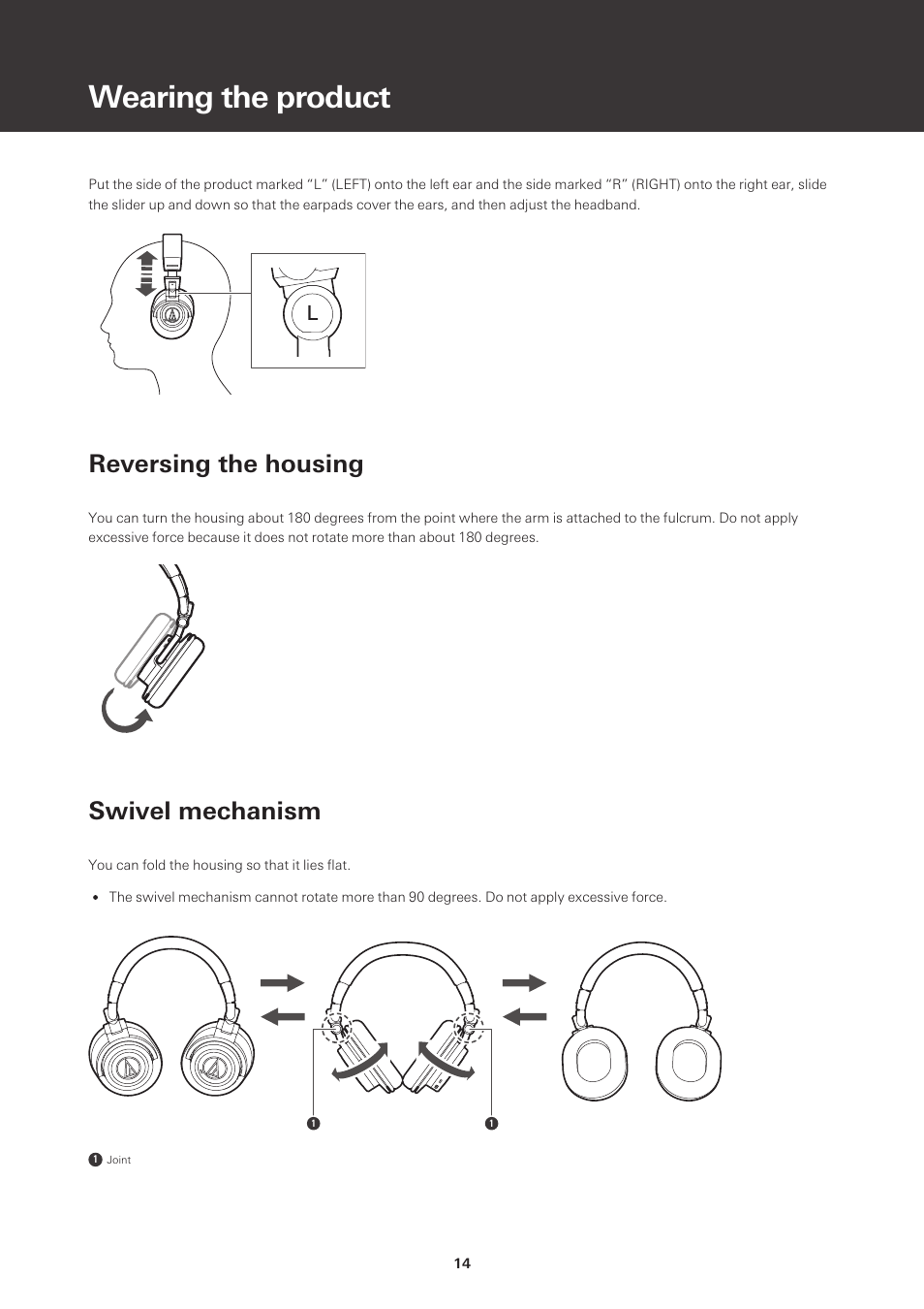 Wearing the product, Reversing the housing, Swivel mechanism | Audio-Technica ATH-M50xBT2 Wireless Over-Ear Headphones (Black) User Manual | Page 15 / 31