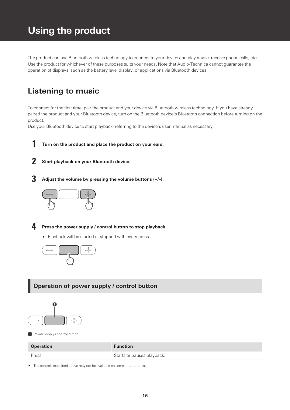 Using the product, Listening to music, Operation of power supply / control button | Audio-Technica ATH-M50xBT2 Wireless Over-Ear Headphones (Black) User Manual | Page 17 / 31