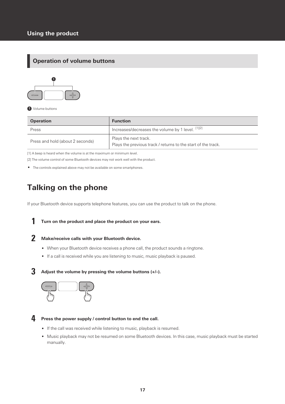 Operation of volume buttons, Talking on the phone | Audio-Technica ATH-M50xBT2 Wireless Over-Ear Headphones (Black) User Manual | Page 18 / 31