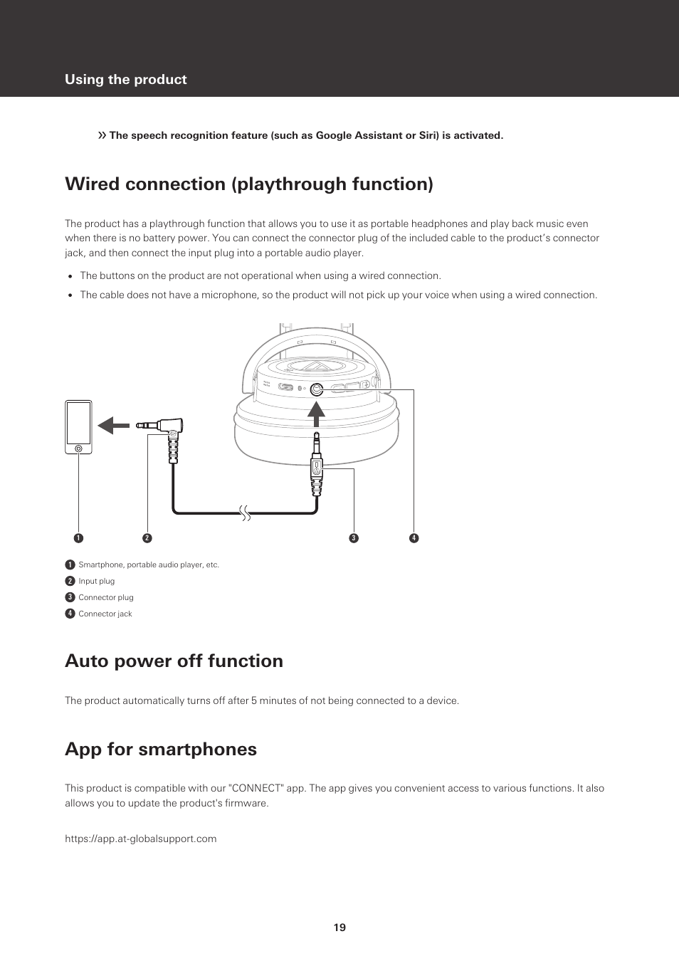 Wired connection (playthrough function), Auto power off function, App for smartphones | Using the product | Audio-Technica ATH-M50xBT2 Wireless Over-Ear Headphones (Black) User Manual | Page 20 / 31