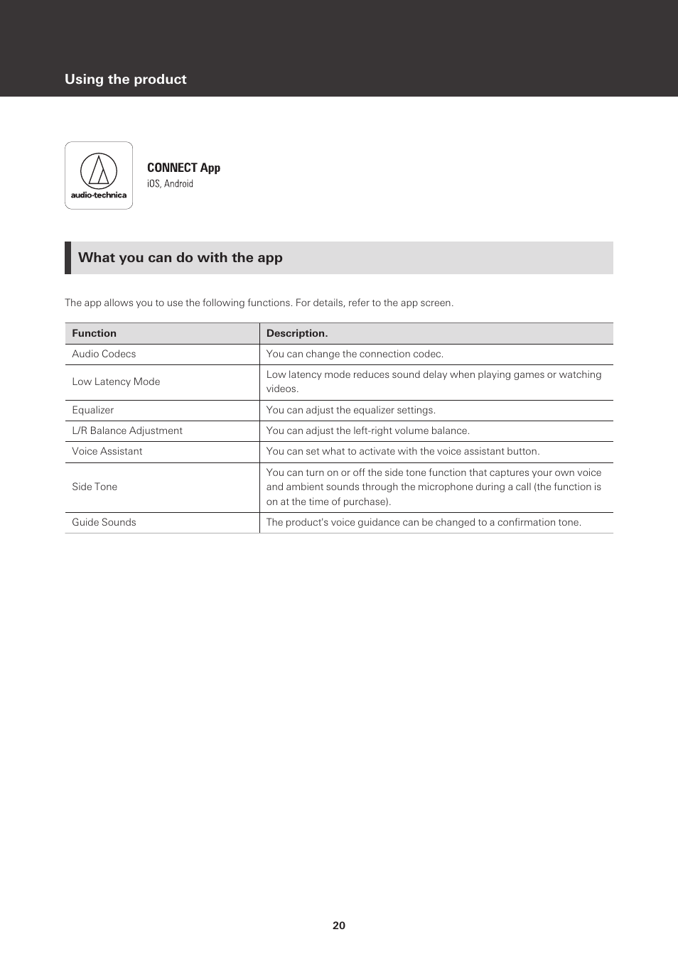 What you can do with the app, Using the product | Audio-Technica ATH-M50xBT2 Wireless Over-Ear Headphones (Black) User Manual | Page 21 / 31