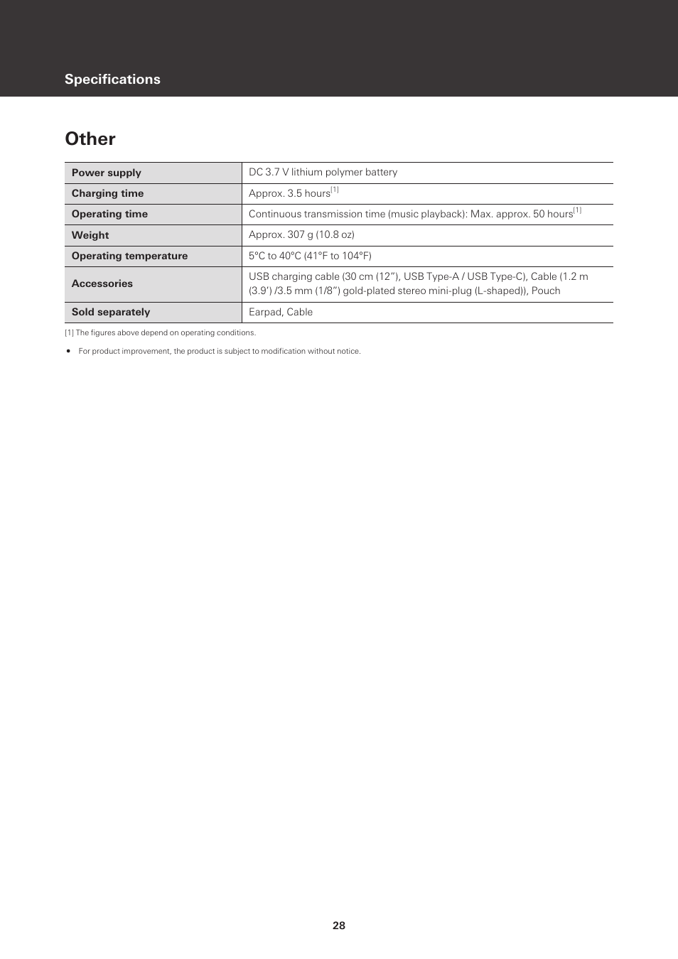 Other, Specifications | Audio-Technica ATH-M50xBT2 Wireless Over-Ear Headphones (Black) User Manual | Page 29 / 31