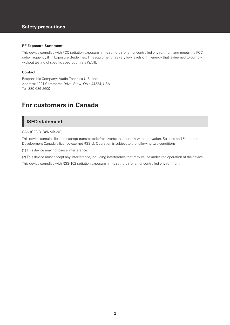 For customers in canada, Ised statement | Audio-Technica ATH-M50xBT2 Wireless Over-Ear Headphones (Black) User Manual | Page 4 / 31