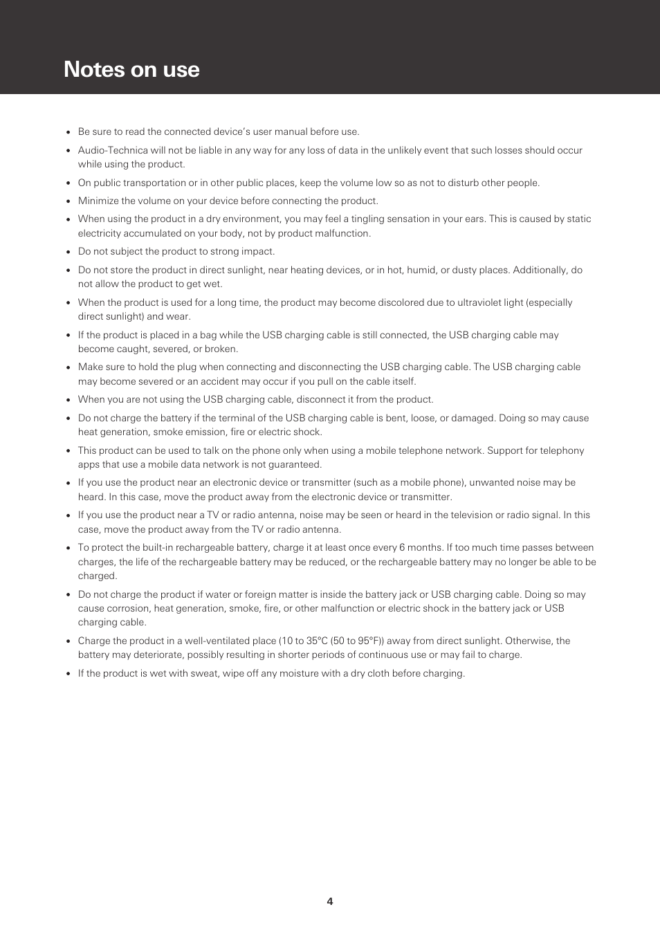 Notes on use | Audio-Technica ATH-M50xBT2 Wireless Over-Ear Headphones (Black) User Manual | Page 5 / 31