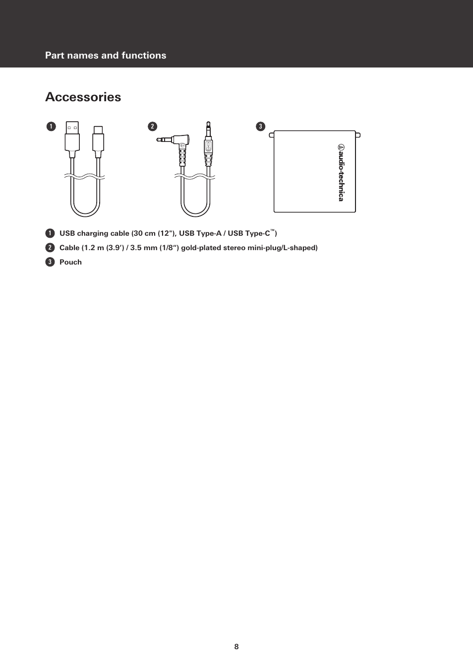 Accessories, Part names and functions | Audio-Technica ATH-M50xBT2 Wireless Over-Ear Headphones (Black) User Manual | Page 9 / 31