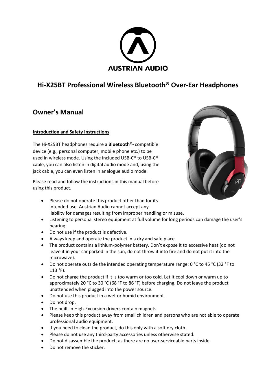 Austrian Audio Hi-X25BT Professional Wireless Bluetooth Over-Ear Headphones User Manual | 8 pages