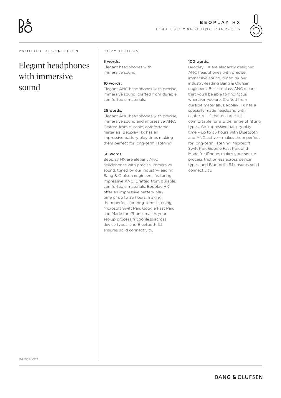 Elegant headphones with immersive sound | Bang & Olufsen Beoplay HX Noise-Canceling Wireless Over-Ear Headphones (Timber) User Manual | Page 5 / 6