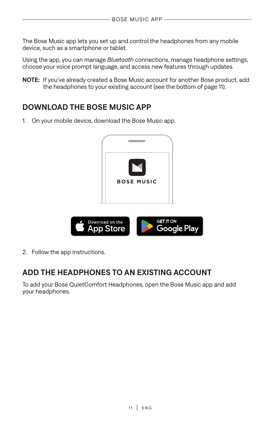 Bose music app, Download the bose music app, Add the headphones to an existing account | Bose QuietComfort Wireless Over-Ear Active Noise Canceling Headphones (White Smoke) User Manual | Page 11 / 42