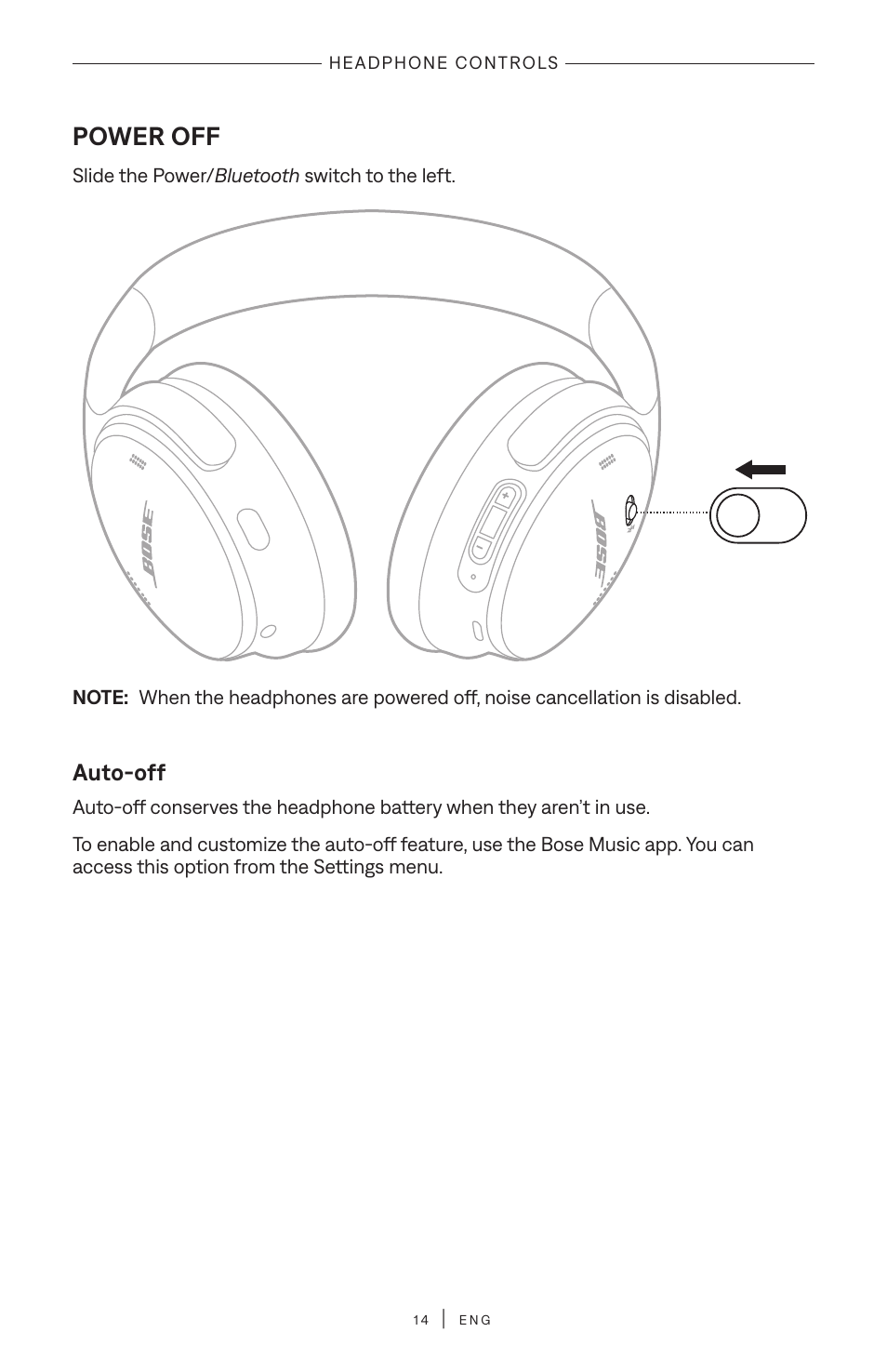 Power off, Auto-off | Bose QuietComfort Wireless Over-Ear Active Noise Canceling Headphones (White Smoke) User Manual | Page 14 / 42
