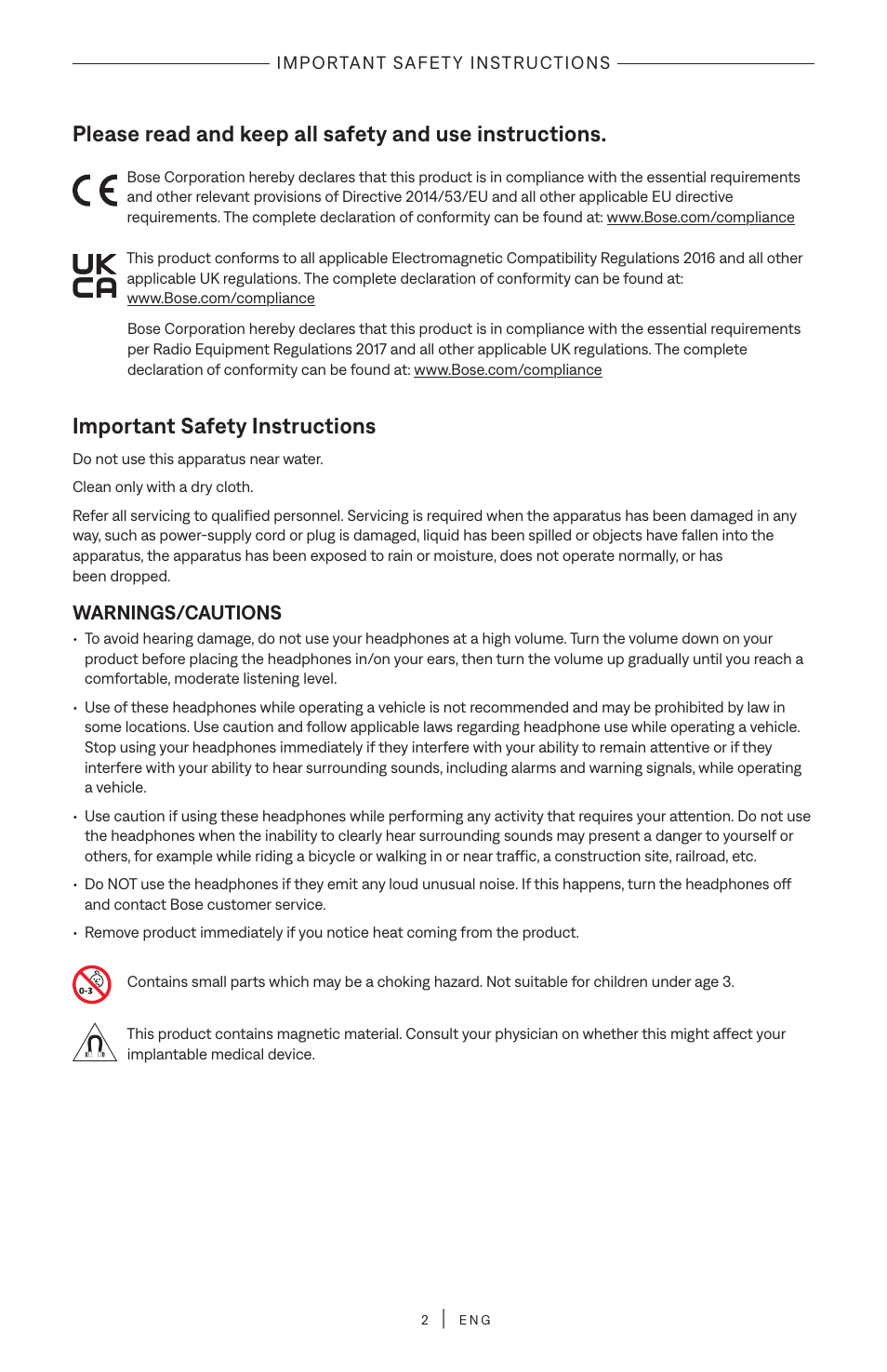 Important safety instructions, Warnings/cautions | Bose QuietComfort Wireless Over-Ear Active Noise Canceling Headphones (White Smoke) User Manual | Page 2 / 42