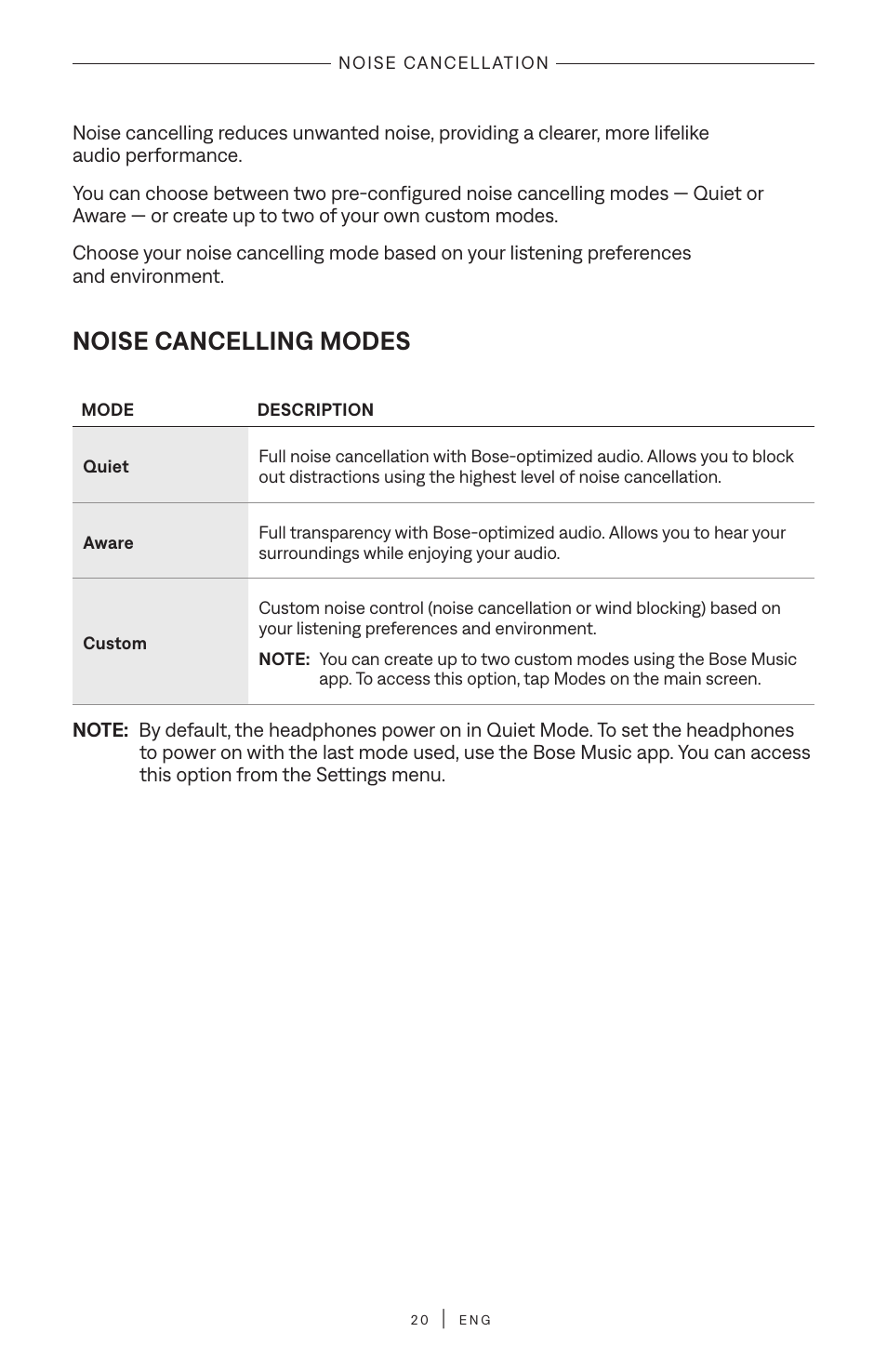 Noise cancellation, Noise cancelling modes | Bose QuietComfort Wireless Over-Ear Active Noise Canceling Headphones (White Smoke) User Manual | Page 20 / 42