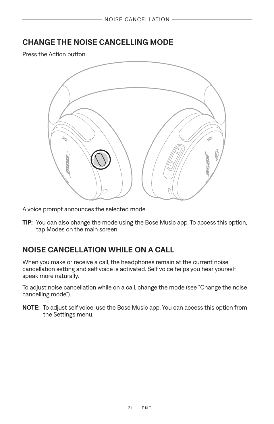 Change the noise cancelling mode, Noise cancellation while on a call | Bose QuietComfort Wireless Over-Ear Active Noise Canceling Headphones (White Smoke) User Manual | Page 21 / 42