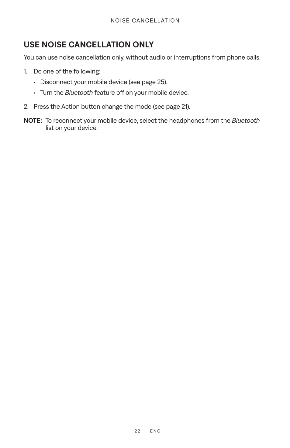 Use noise cancellation only | Bose QuietComfort Wireless Over-Ear Active Noise Canceling Headphones (White Smoke) User Manual | Page 22 / 42