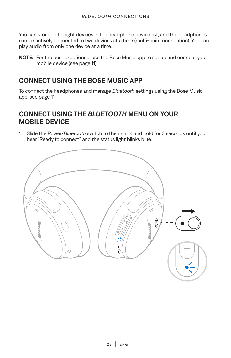 Bluetooth connections, Connect using the bose music app, Bluetooth | Connections, Connect using the, Menu on your mobile device | Bose QuietComfort Wireless Over-Ear Active Noise Canceling Headphones (White Smoke) User Manual | Page 23 / 42