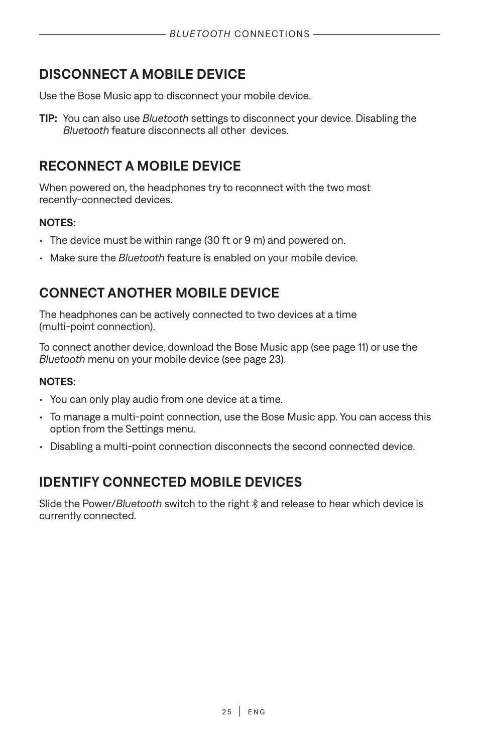 Disconnect a mobile device, Reconnect a mobile device, Connect another mobile device | Identify connected mobile devices | Bose QuietComfort Wireless Over-Ear Active Noise Canceling Headphones (White Smoke) User Manual | Page 25 / 42