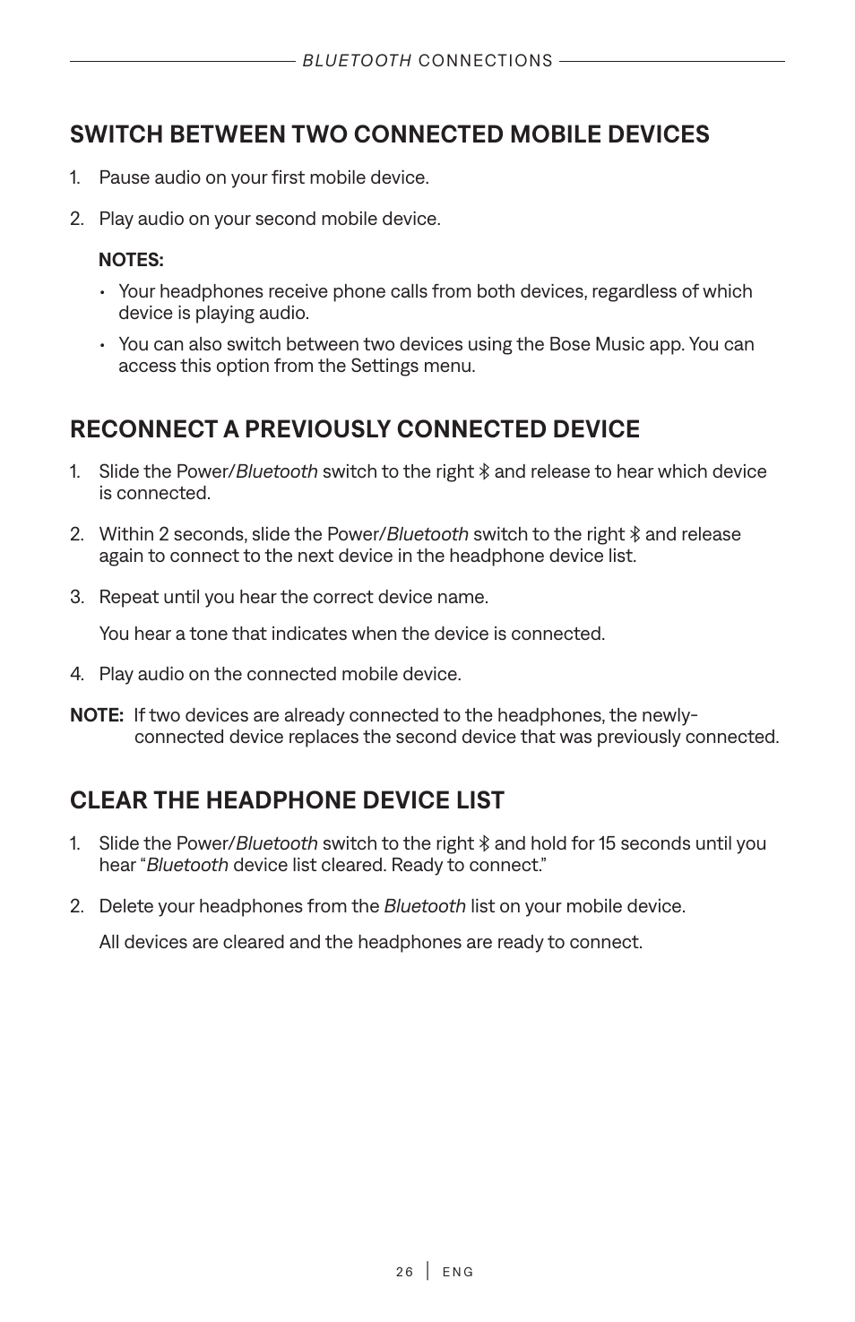 Switch between two connected mobile ­devices, Reconnect a previously connected device, Clear the headphone device list | Switch between two connected mobile devices | Bose QuietComfort Wireless Over-Ear Active Noise Canceling Headphones (White Smoke) User Manual | Page 26 / 42