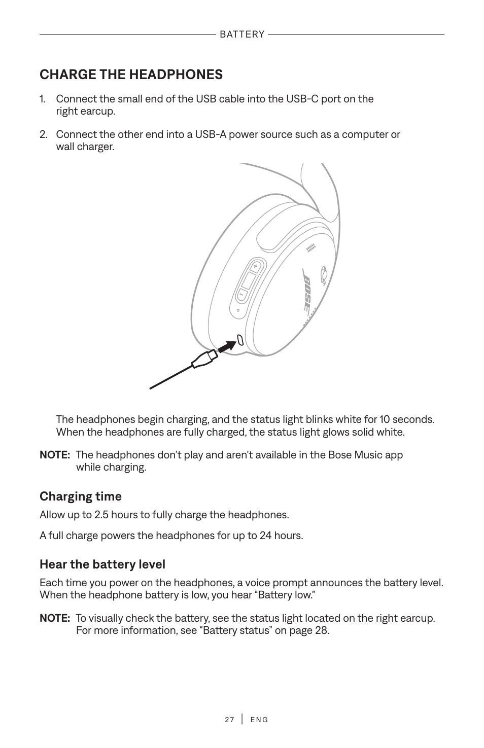 Battery, Charge the headphones, Charging time | Hear the battery level | Bose QuietComfort Wireless Over-Ear Active Noise Canceling Headphones (White Smoke) User Manual | Page 27 / 42