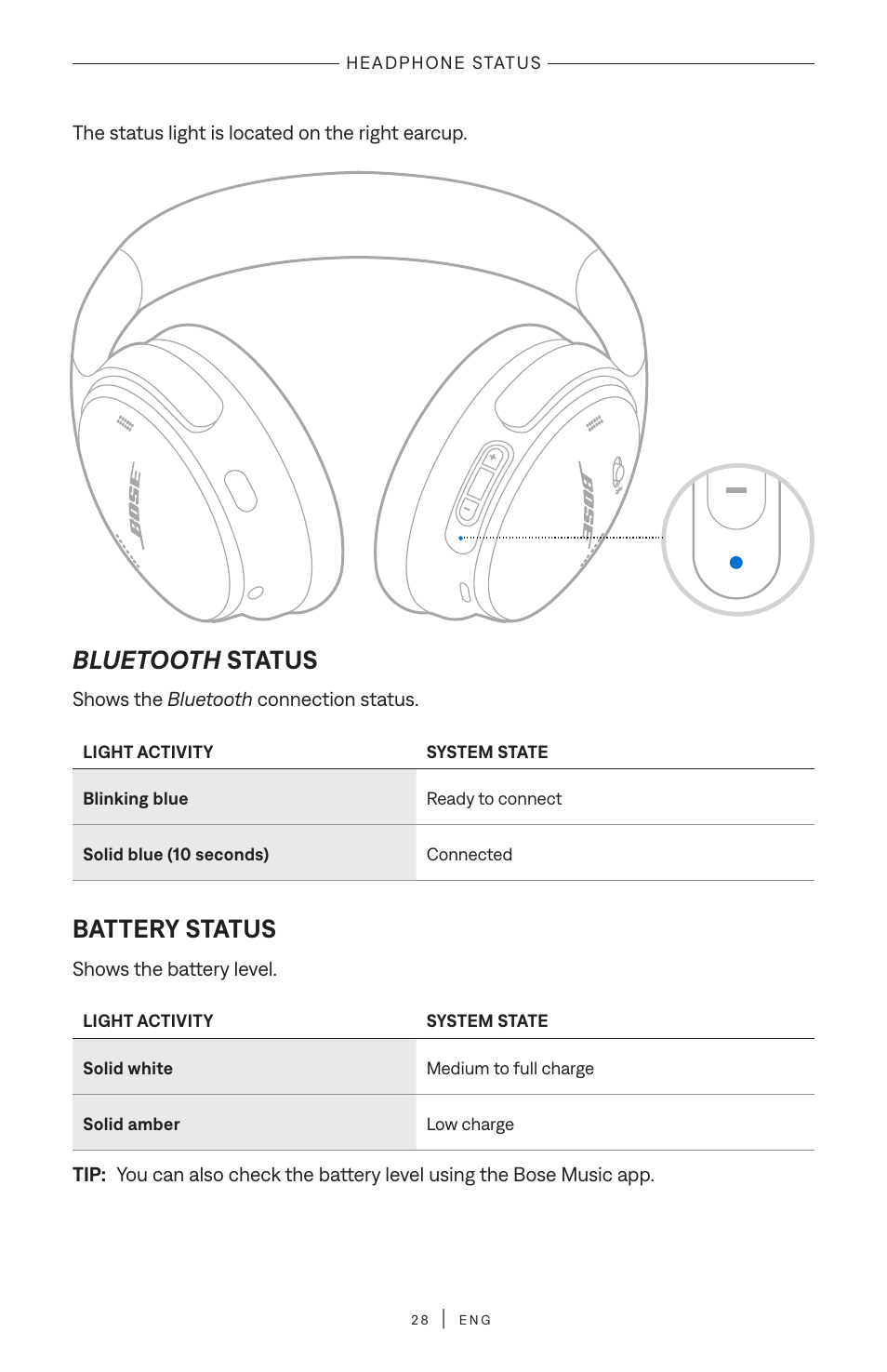 Headphone status, Bluetooth status, Battery status | Bluetooth, Status | Bose QuietComfort Wireless Over-Ear Active Noise Canceling Headphones (White Smoke) User Manual | Page 28 / 42