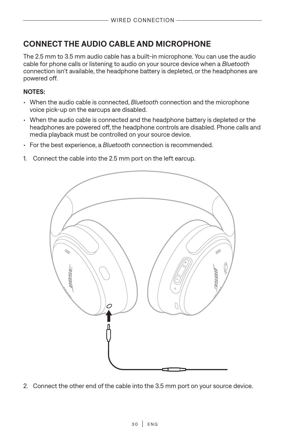 Wired connection, Connect the audio cable and microphone | Bose QuietComfort Wireless Over-Ear Active Noise Canceling Headphones (White Smoke) User Manual | Page 30 / 42
