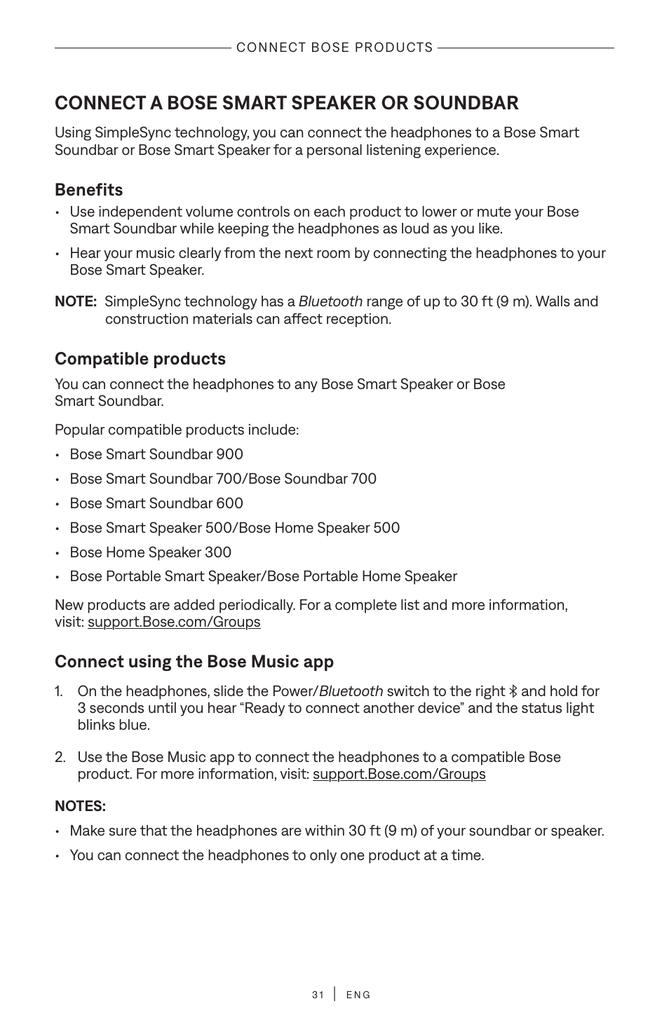 Connect bose products, Connect a bose smart speaker or soundbar, Benefits | Compatible products, Connect using the bose music app | Bose QuietComfort Wireless Over-Ear Active Noise Canceling Headphones (White Smoke) User Manual | Page 31 / 42