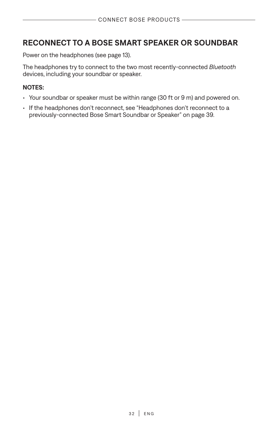 Reconnect to a bose smart speaker or soundbar | Bose QuietComfort Wireless Over-Ear Active Noise Canceling Headphones (White Smoke) User Manual | Page 32 / 42