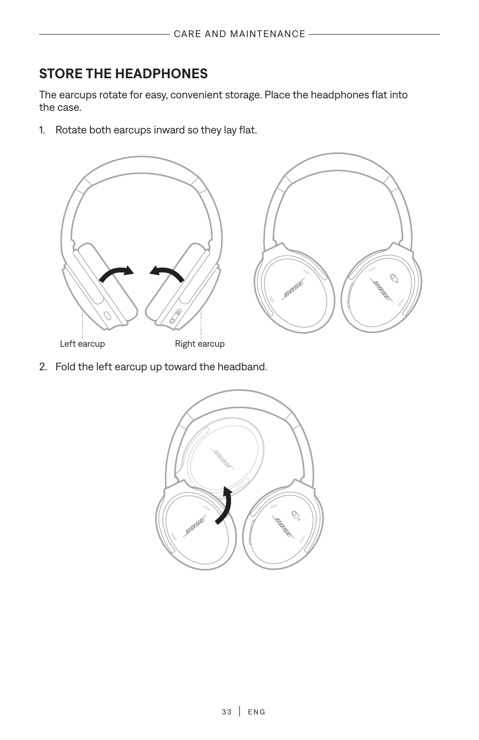 Care and maintenance, Store the headphones | Bose QuietComfort Wireless Over-Ear Active Noise Canceling Headphones (White Smoke) User Manual | Page 33 / 42