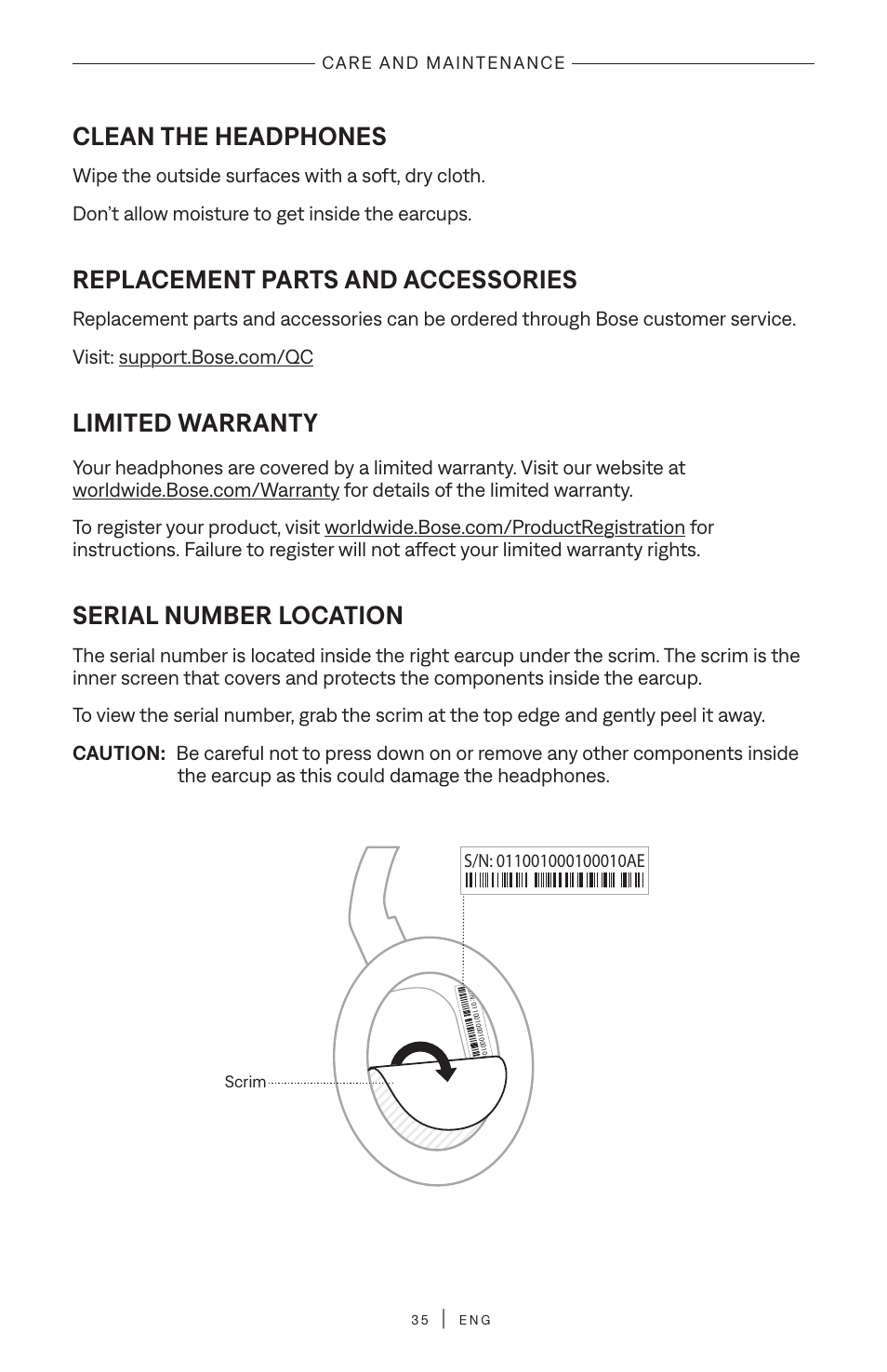 Clean the headphones, Replacement parts and accessories, Limited warranty | Serial number location | Bose QuietComfort Wireless Over-Ear Active Noise Canceling Headphones (White Smoke) User Manual | Page 35 / 42