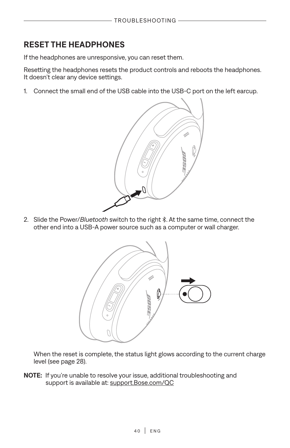 Reset the headphones | Bose QuietComfort Wireless Over-Ear Active Noise Canceling Headphones (White Smoke) User Manual | Page 40 / 42