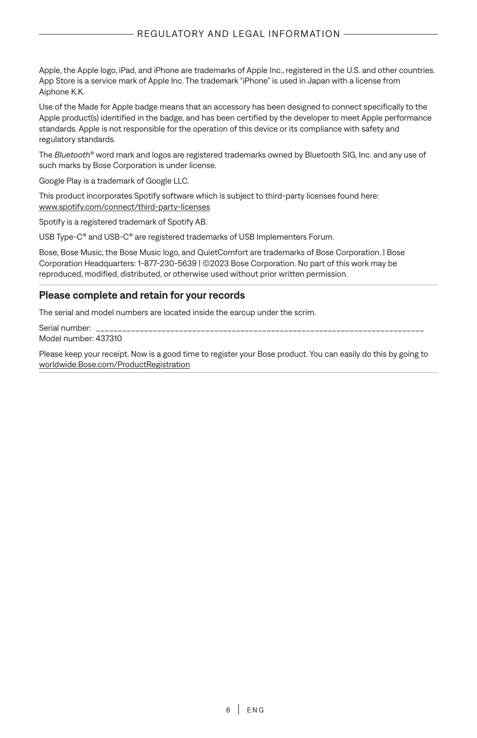 Please complete and retain for your records | Bose QuietComfort Wireless Over-Ear Active Noise Canceling Headphones (White Smoke) User Manual | Page 6 / 42