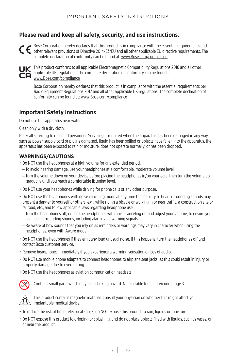 Important safety instructions | Bose QuietComfort 45 Noise-Canceling Wireless Over-Ear Headphones (White Smoke) User Manual | Page 2 / 40