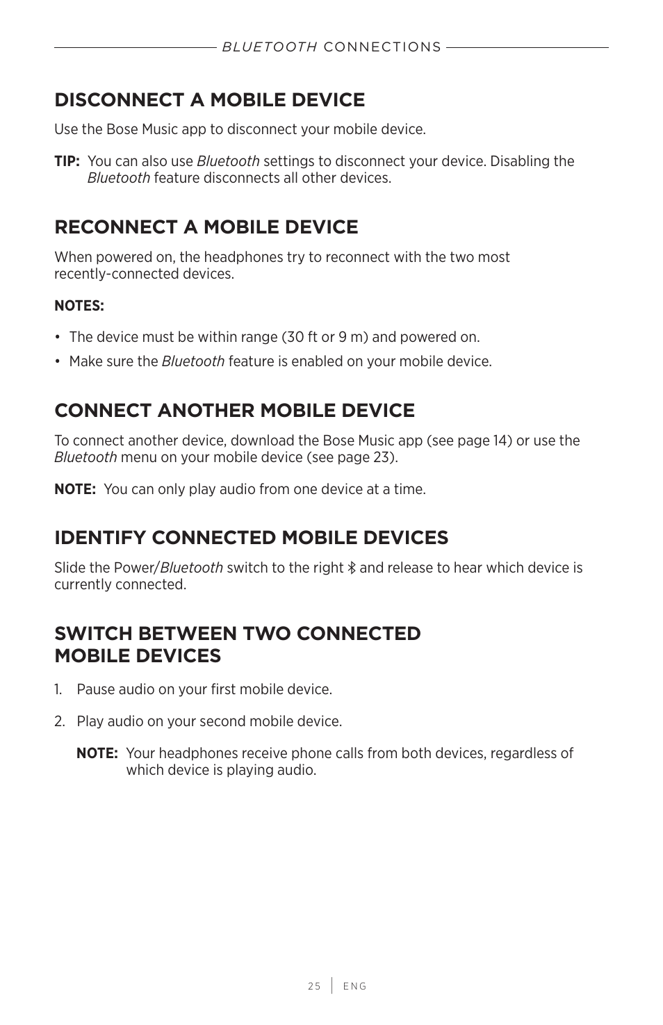 Disconnect a mobile device, Reconnect a mobile device, Connect another mobile device | Identify connected mobile devices, Switch between two connected mobile devices, Switch between two connected mobile devices | Bose QuietComfort 45 Noise-Canceling Wireless Over-Ear Headphones (White Smoke) User Manual | Page 25 / 40