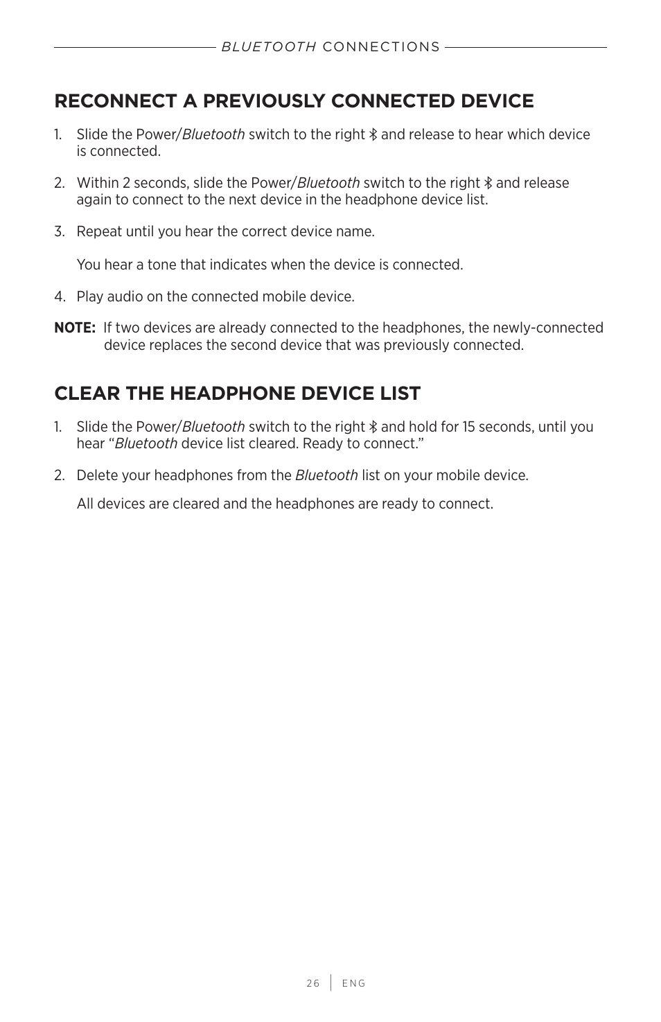 Reconnect a previously connected device, Clear the headphone device list | Bose QuietComfort 45 Noise-Canceling Wireless Over-Ear Headphones (White Smoke) User Manual | Page 26 / 40