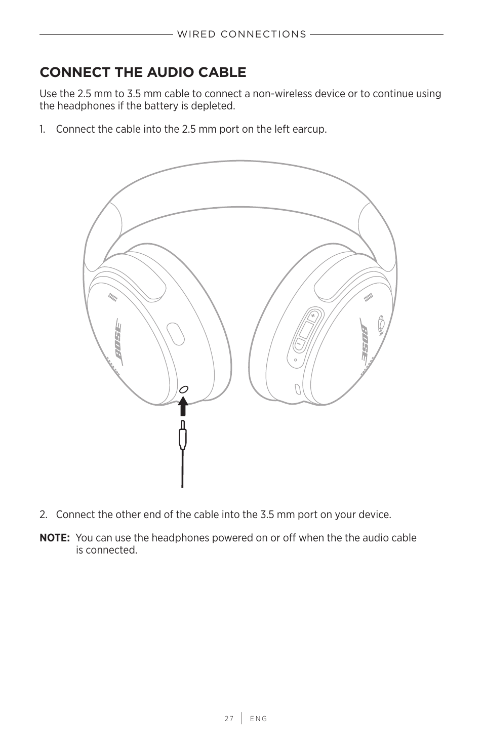 Wired connections, Connect the audio cable | Bose QuietComfort 45 Noise-Canceling Wireless Over-Ear Headphones (White Smoke) User Manual | Page 27 / 40