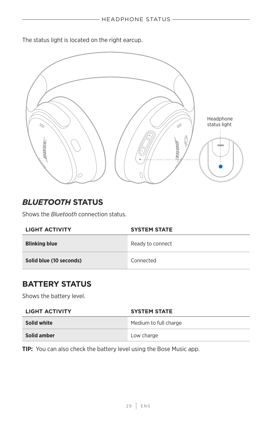 Headphone status, Bluetooth status, Battery status | Bluetooth, Status | Bose QuietComfort 45 Noise-Canceling Wireless Over-Ear Headphones (White Smoke) User Manual | Page 29 / 40