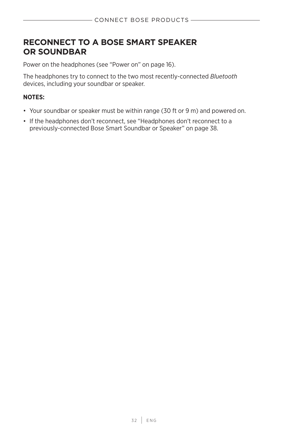 Reconnect to a bose smart speaker or soundbar | Bose QuietComfort 45 Noise-Canceling Wireless Over-Ear Headphones (White Smoke) User Manual | Page 32 / 40