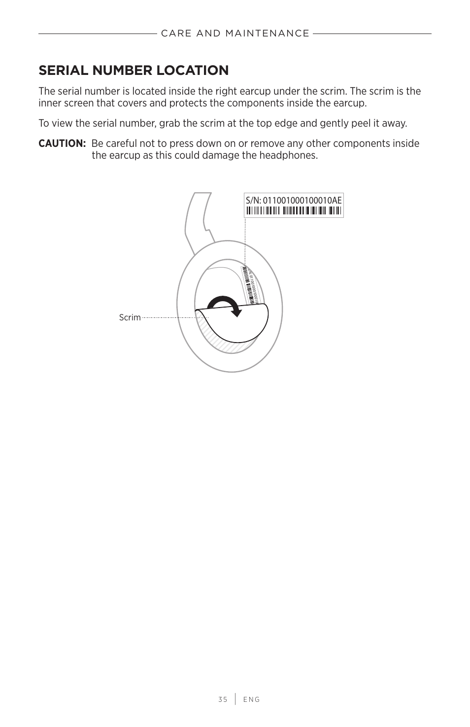 Serial number location | Bose QuietComfort 45 Noise-Canceling Wireless Over-Ear Headphones (White Smoke) User Manual | Page 35 / 40