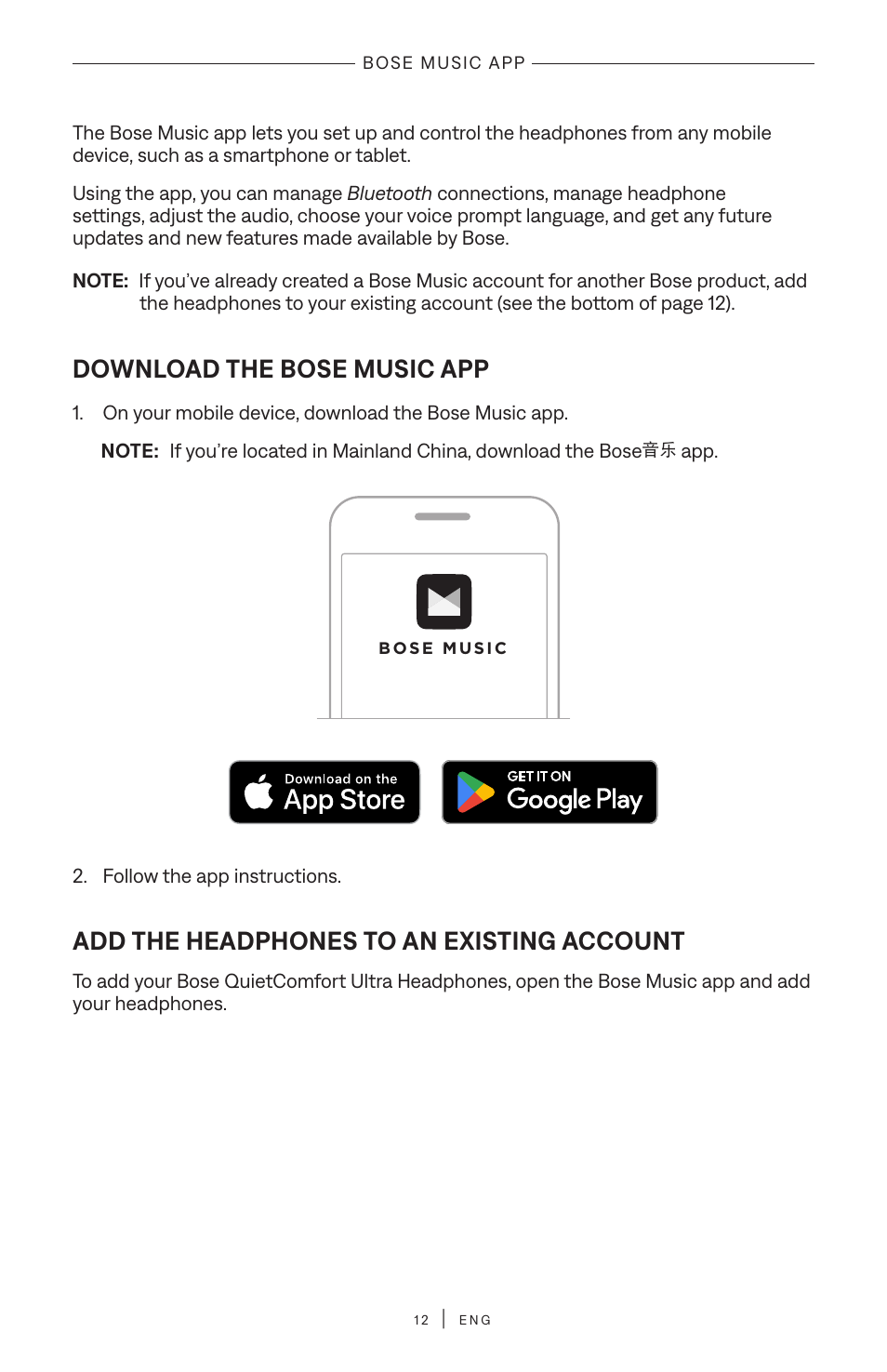 Bose music app, Download the bose music app, Add the headphones to an existing account | Bose QuietComfort Ultra Wireless Noise Canceling Over-Ear Headphones (White Smoke) User Manual | Page 12 / 56