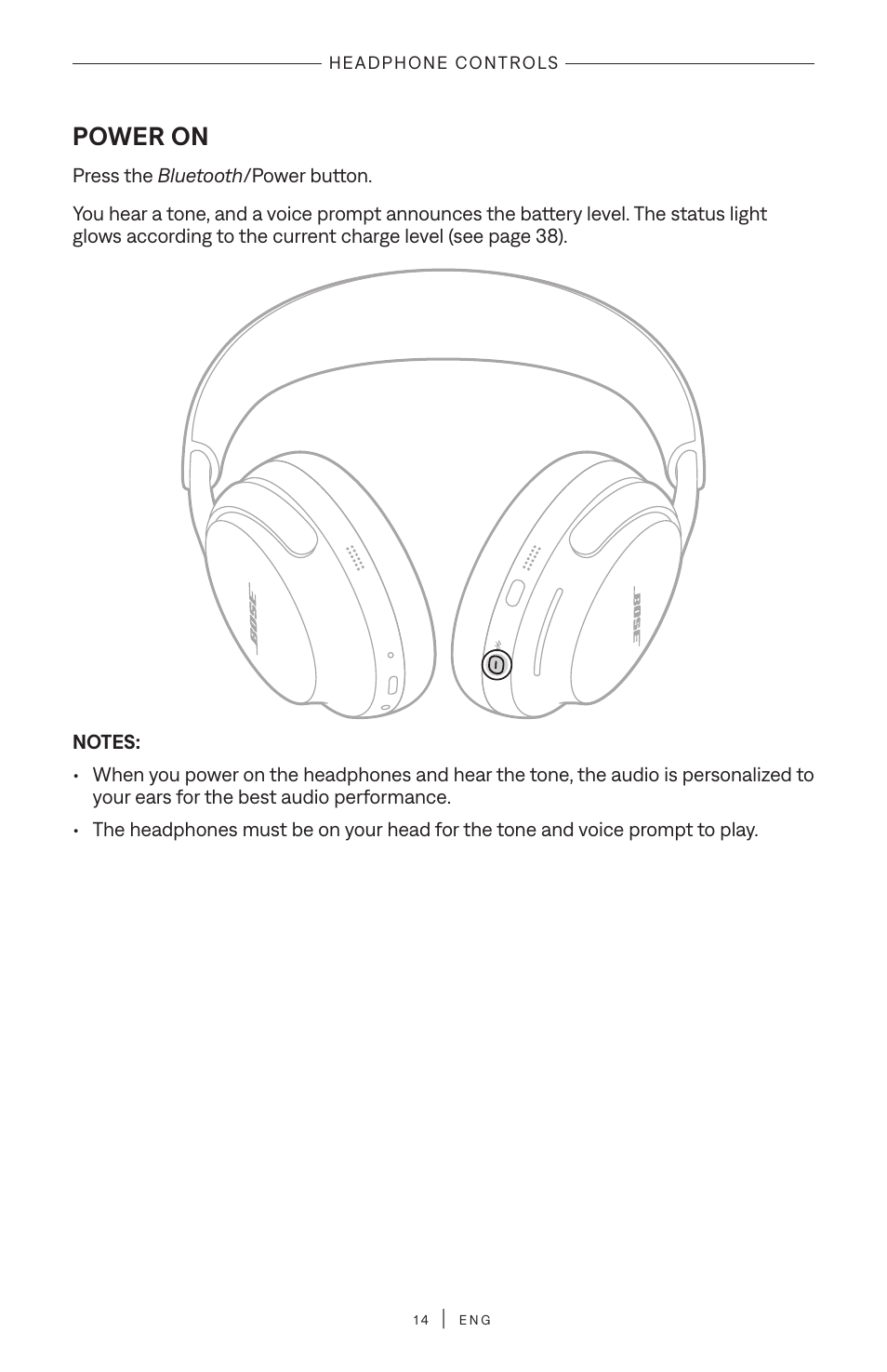Power on | Bose QuietComfort Ultra Wireless Noise Canceling Over-Ear Headphones (White Smoke) User Manual | Page 14 / 56