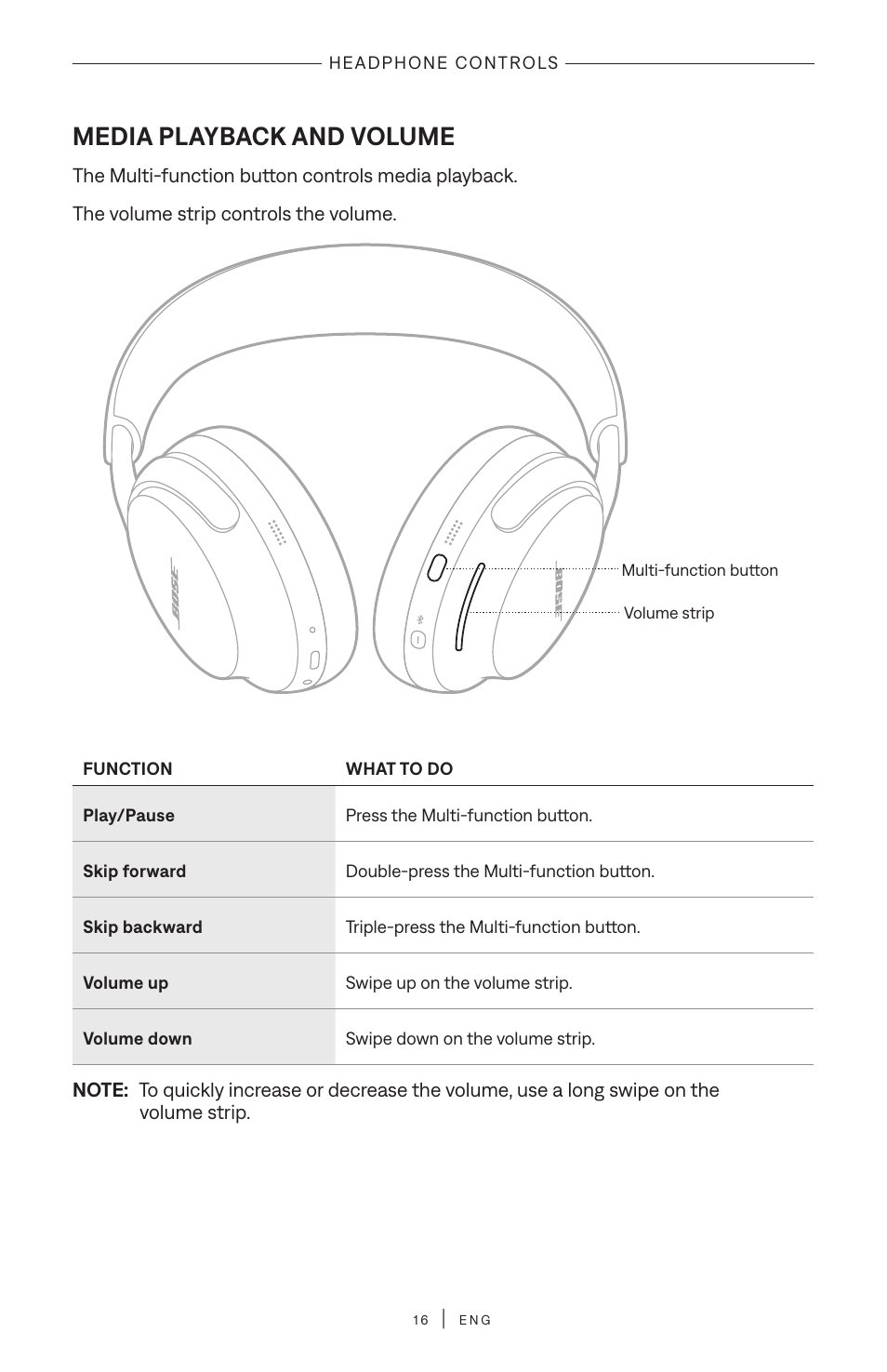 Media playback and volume | Bose QuietComfort Ultra Wireless Noise Canceling Over-Ear Headphones (White Smoke) User Manual | Page 16 / 56