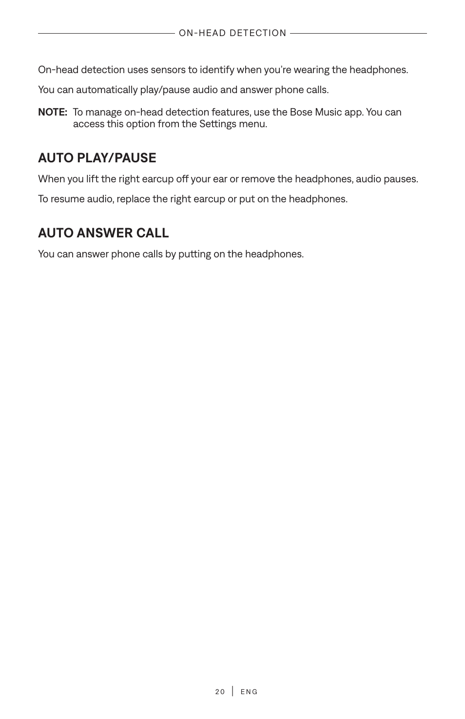 On-head detection, Auto play/pause, Auto answer call | Bose QuietComfort Ultra Wireless Noise Canceling Over-Ear Headphones (White Smoke) User Manual | Page 20 / 56