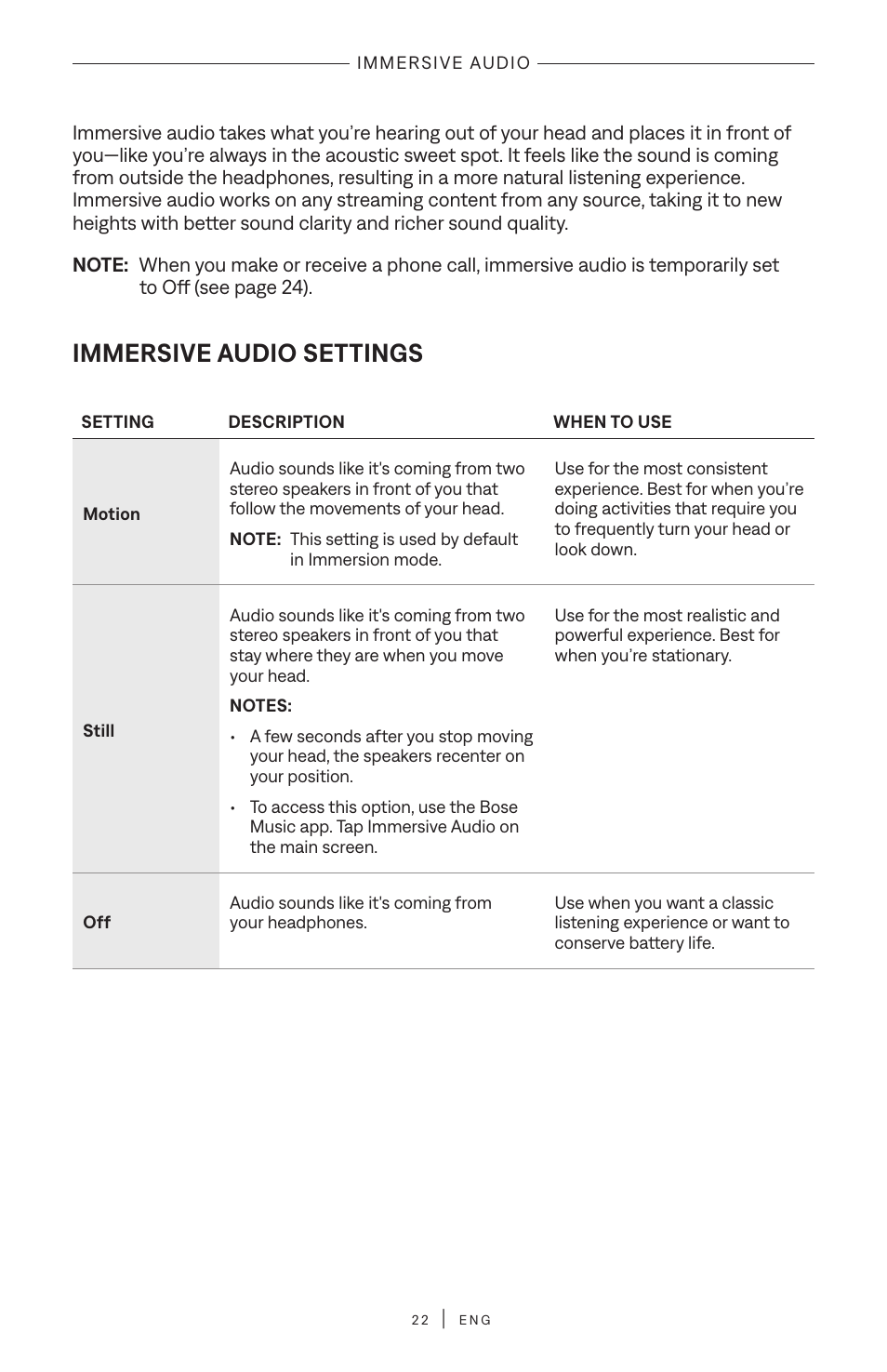 Immersive audio, Immersive audio settings | Bose QuietComfort Ultra Wireless Noise Canceling Over-Ear Headphones (White Smoke) User Manual | Page 22 / 56