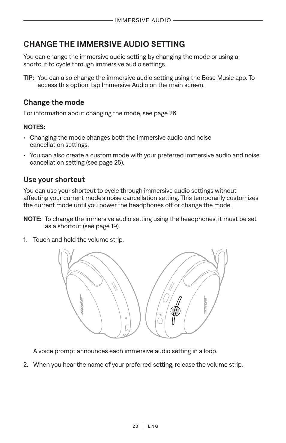 Change the immersive audio setting, Change the mode, Use your shortcut | Bose QuietComfort Ultra Wireless Noise Canceling Over-Ear Headphones (White Smoke) User Manual | Page 23 / 56