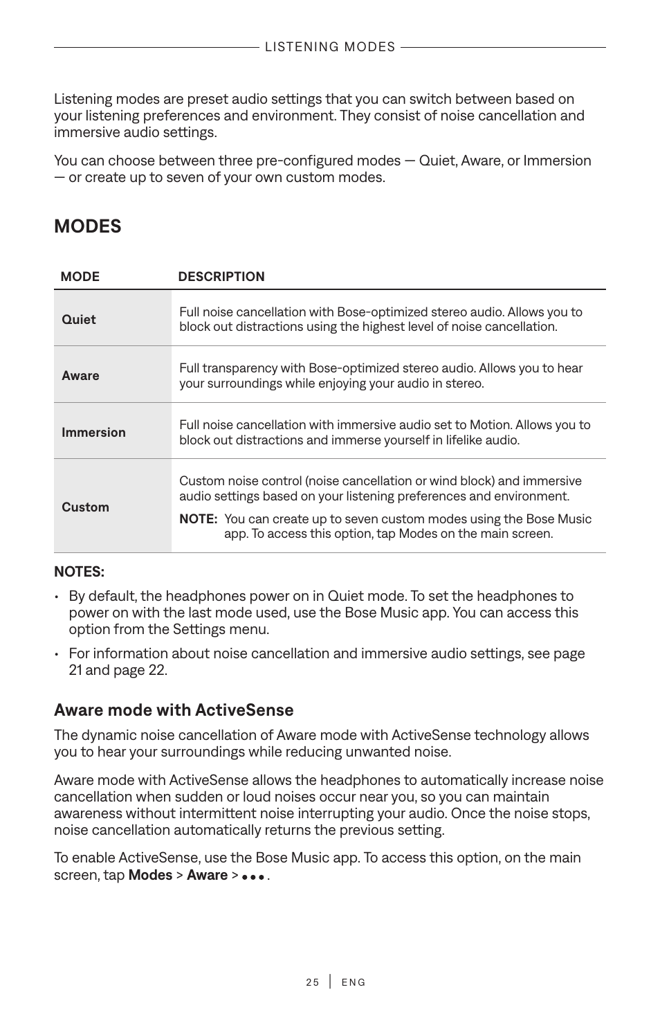Listening modes, Modes, Aware mode with activesense | Bose QuietComfort Ultra Wireless Noise Canceling Over-Ear Headphones (White Smoke) User Manual | Page 25 / 56