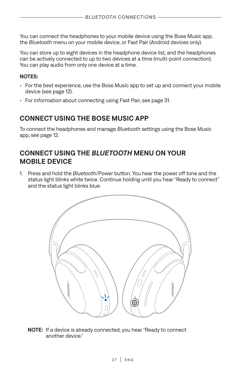 Bluetooth connections, Connect using the bose music app, Bluetooth | Connections, Connect using the, Menu on your mobile device | Bose QuietComfort Ultra Wireless Noise Canceling Over-Ear Headphones (White Smoke) User Manual | Page 27 / 56