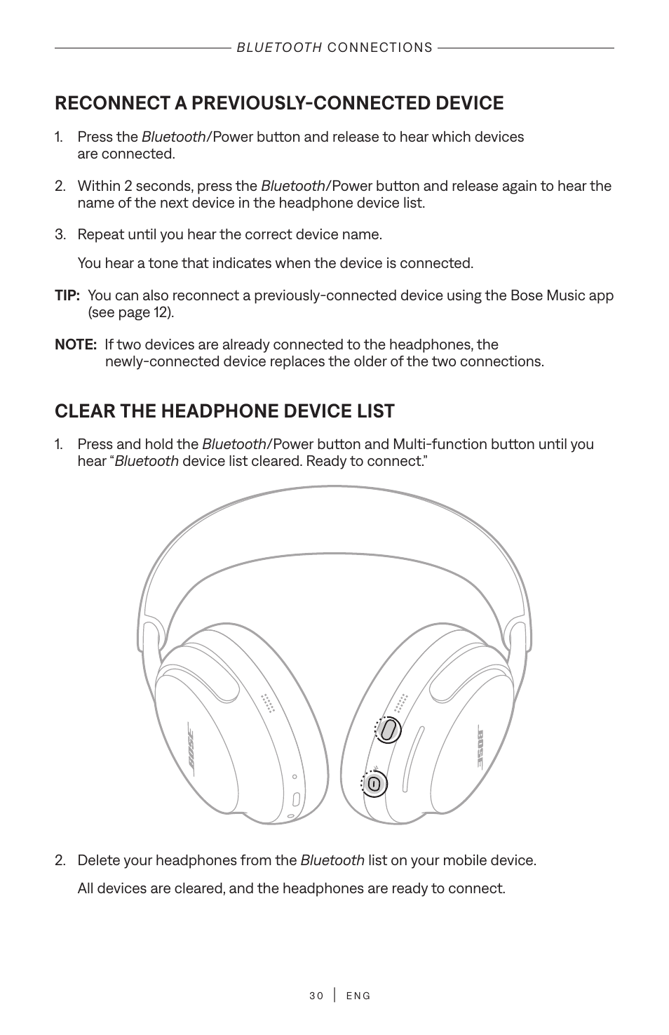 Reconnect a previously-connected device, Clear the headphone device list | Bose QuietComfort Ultra Wireless Noise Canceling Over-Ear Headphones (White Smoke) User Manual | Page 30 / 56